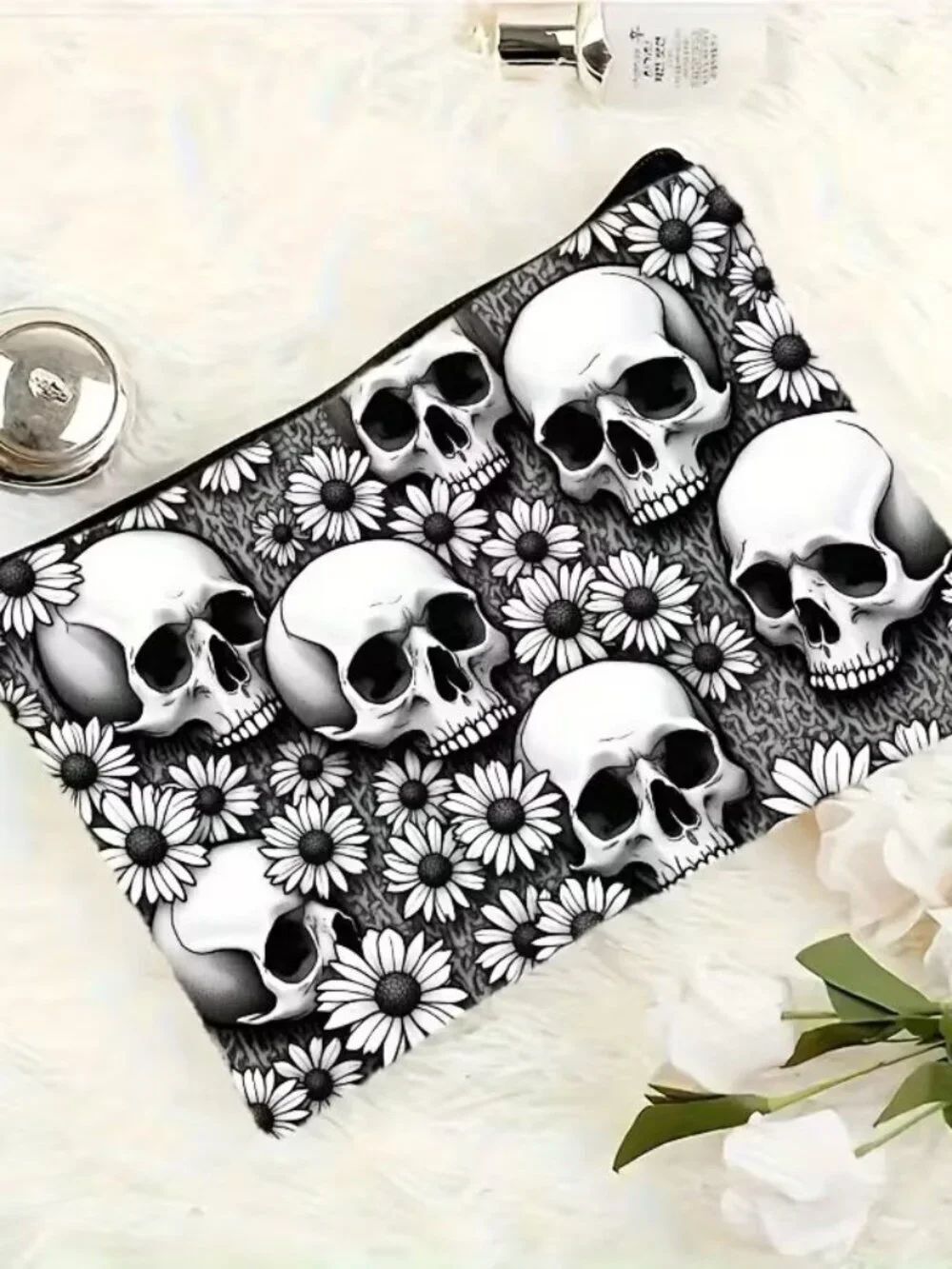 Halloween Gothic Skulls & Flowers Makeup Bag Double-Sided 7.1h" x 8.7"w